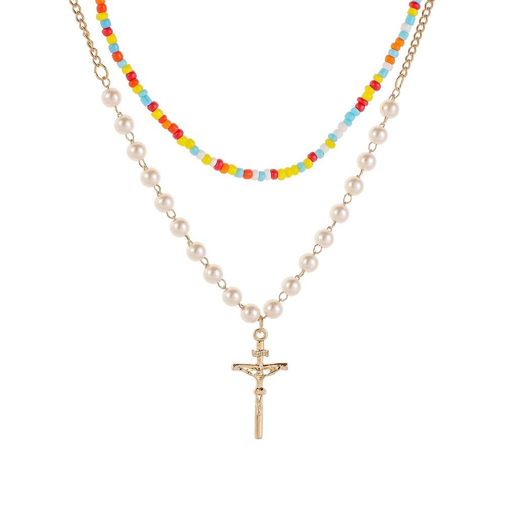 Necklace Personalized Colorful Rice Bead Necklace Fashion Double Layer Pearl Cross Trend Metal Necklace