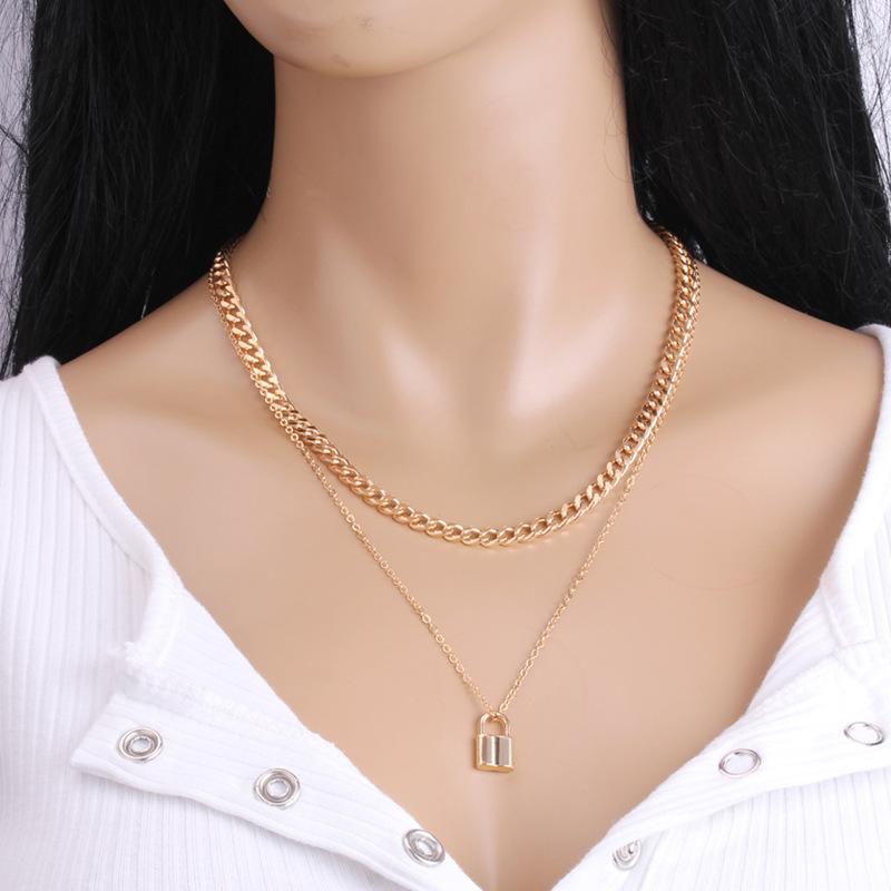 Necklace female clavicle chain niche trendy ins simple cold hip-hop padlock double-layer set chain bouncy di net red accessories