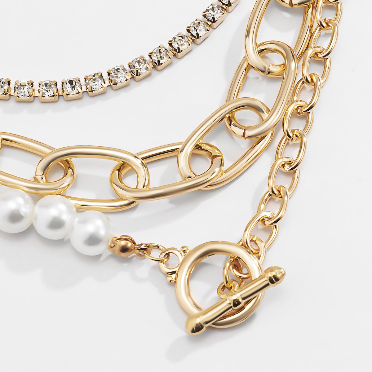 Jewelry Hip Hop Personality Geometric Diamond Chain Necklace Retro Simple OT Buckle Imitation Pearl Necklace