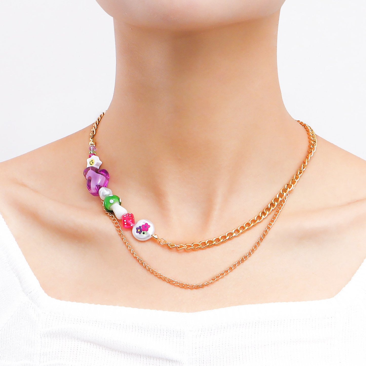 Jewelry double-layer creative multi-element beaded collarbone necklace female ins metal stitching necklace