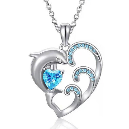 Fashion Ladies Heart Shaped Dolphin Diamond Necklace Cute Peach Heart Clavicle Chain Necklace Jewelry