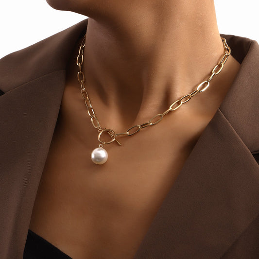 Jewelry simple paper clip bamboo chain large pearl pendant necklace female punk trend necklace