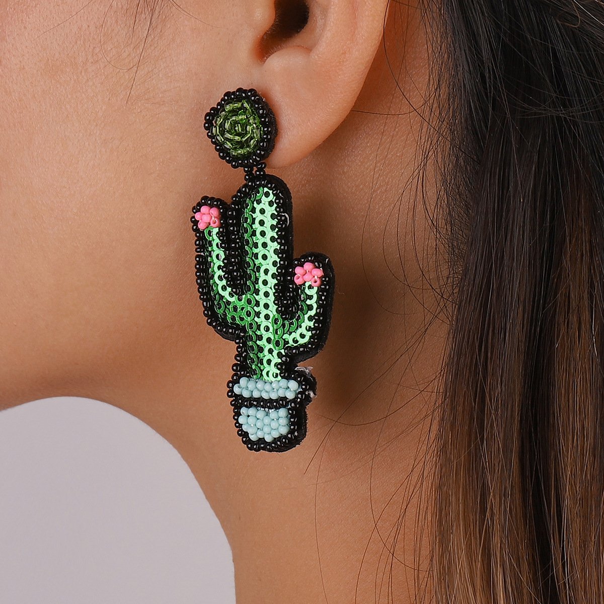 E143 Bohemian Ethnic Earrings Cactus Beaded Sequins Retro Exaggerated Geometric Earrings