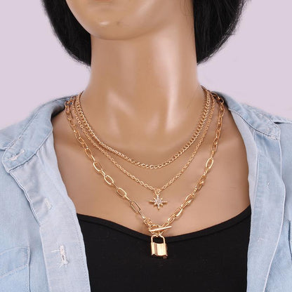 Necklace Retro Temperament Padlock Geometric Necklace Female Simple Padlock Metal Chain Three Layers Necklace