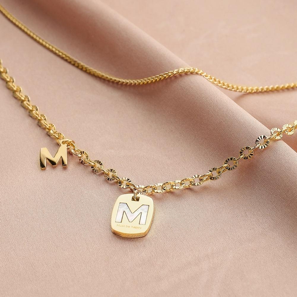 Fashion Stainless Steel Geometric Gold Letter M Shell Pendant Titanium Steel Double Layer Necklace Clavicle Chain Women