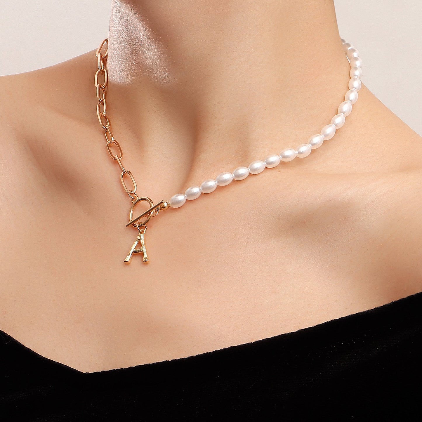 Jewelry niche simple OT buckle half imitation pearl letter A pendant necklace female ins all-match necklace