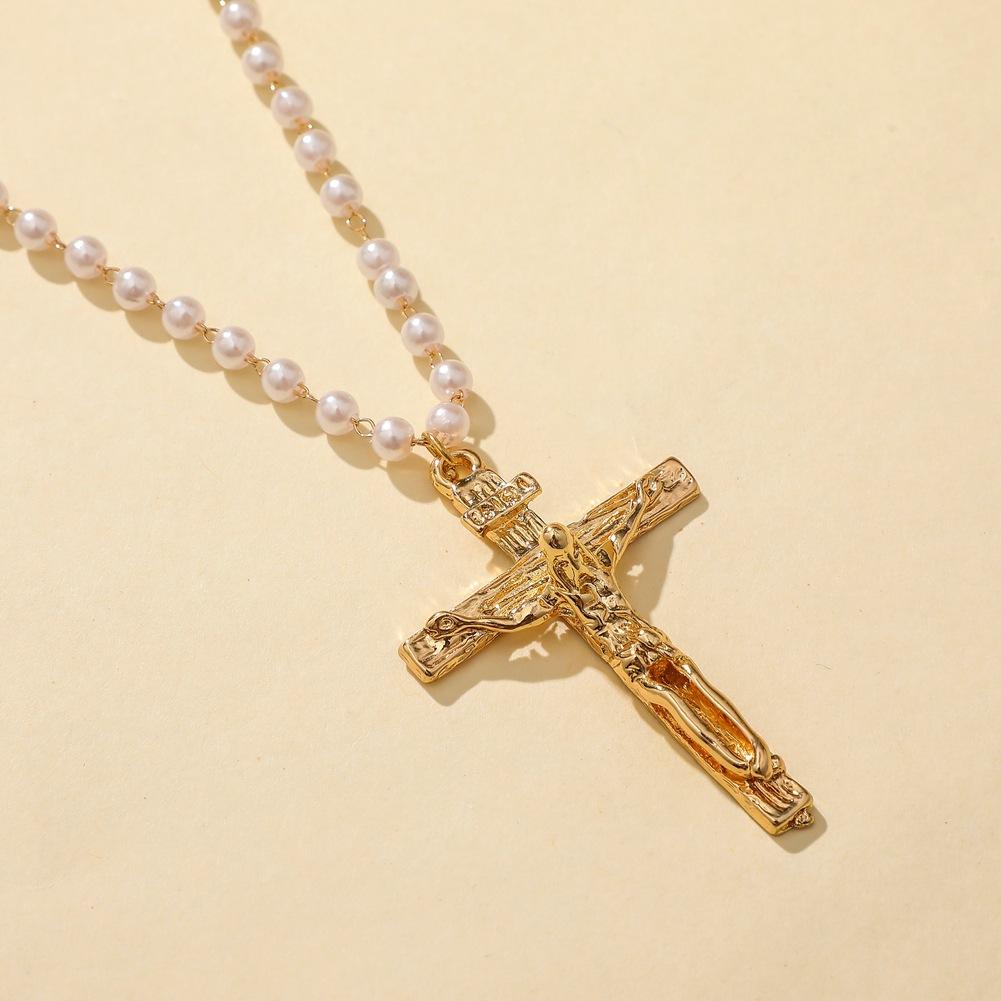 Ins personality bright five-pointed star necklace creative cross pendant temperament pearl fashion double layer necklace
