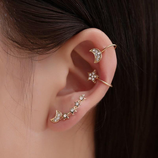 Set No Pierced Earrings Full Diamond Star Moon 3-piece Set Ear Clip Women's Trendy Earrings