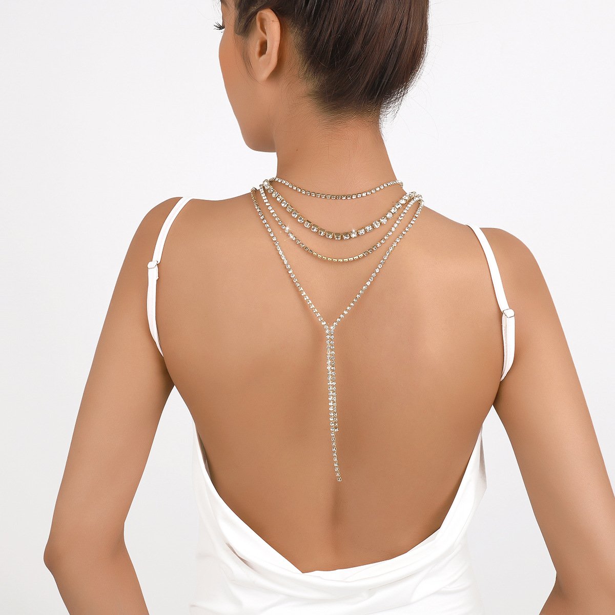 N1325 exaggerated niche fashion rhinestone necklace multi-layer light luxury tassel necklace dinner party back jewelry