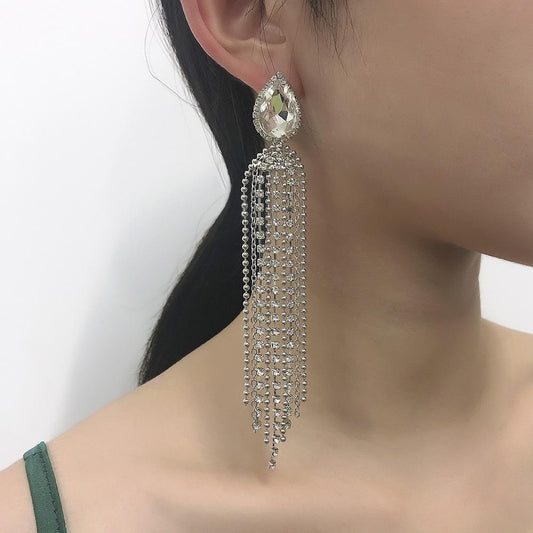E9278 Jewelry Temperament Fashion Long Tassel Earrings Women's Light Luxury Inlaid Rhinestones Delicate Earrings