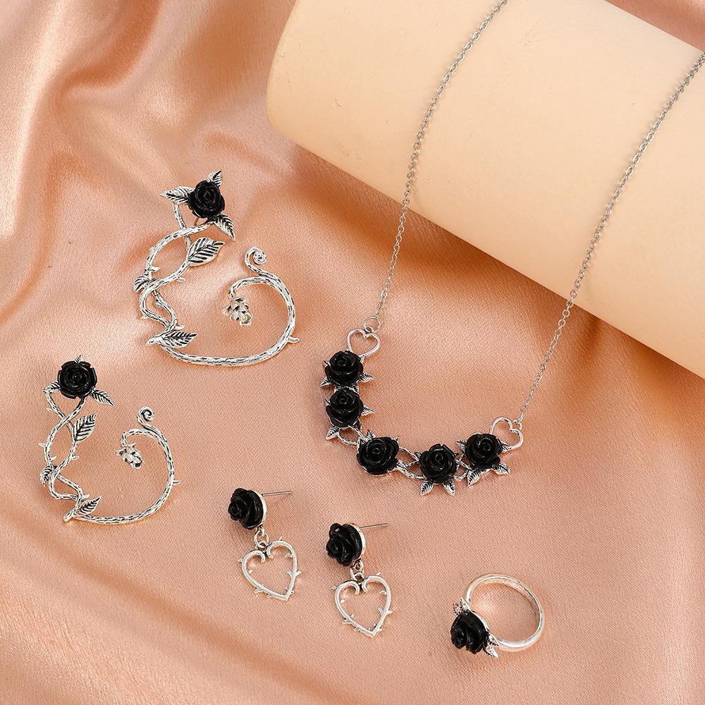 Simple Rose Necklace Ring Retro Simple Three-dimensional Flower Ear Clip Ear Stud Set Valentine's Day