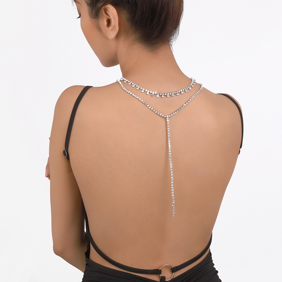N146 Exaggerated Rhinestone Long Necklace Double Tassel Personality Fashion Necklace Internet Celebrity Retro Necklace