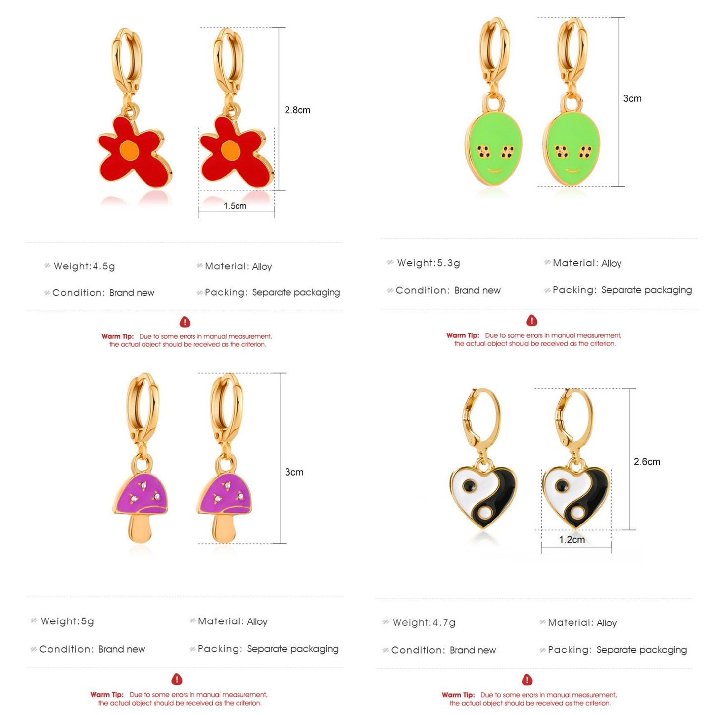 Ins cute drop earrings colorful alien flowers mushroom gossip earrings simple earrings