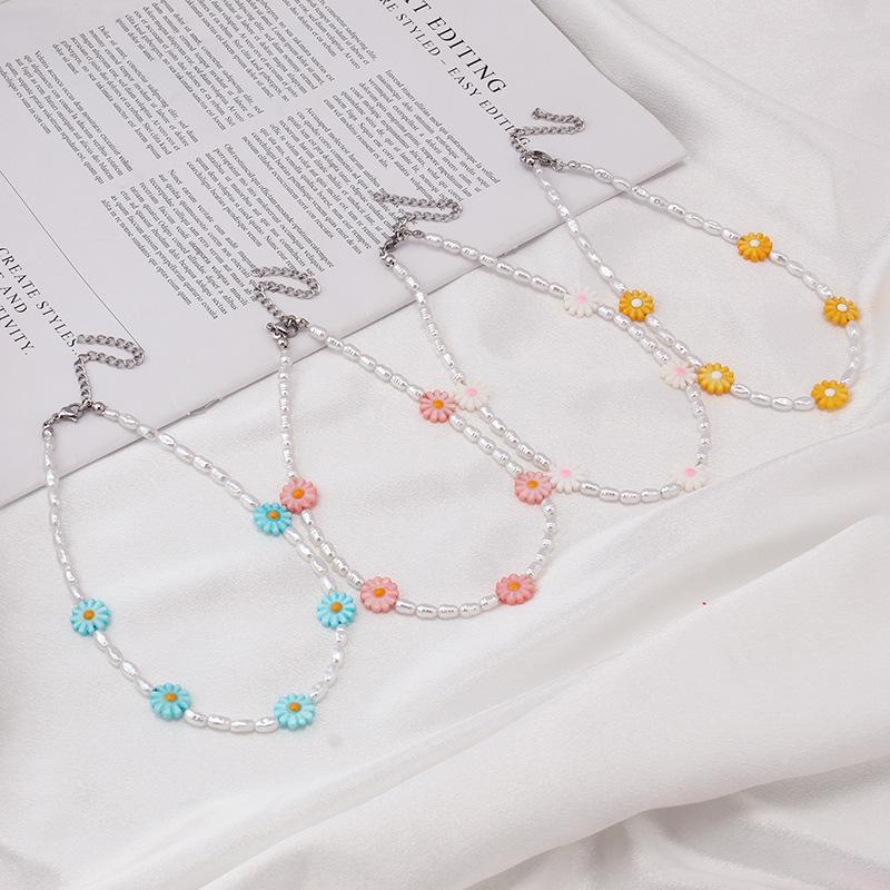 Summer pearl beaded seashell flower necklace design sense ins fashion stainless steel accessories clavicle chain