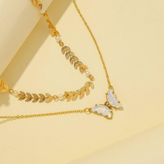 Temperament pearl wheat ear double-layer clavicle chain stainless steel gold-plated color shellfish butterfly titanium steel pendant necklace jewelry