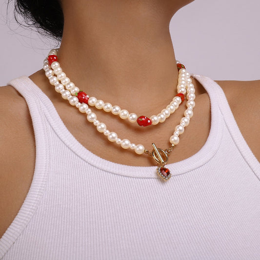 N1389 Holiday Color Necklace Imitation Pearl Ceramic Strawberry Lovely Necklace Heart Micro-inlaid Necklace