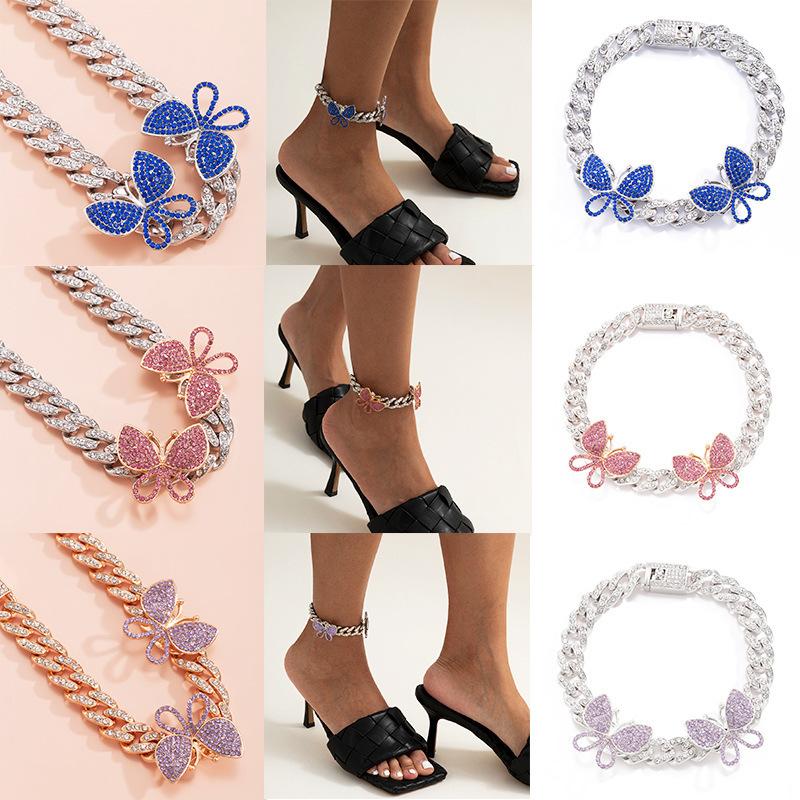 Hip-hop punk full diamond Cuban chain diamond big butterfly anklet simple trend exaggerated chain anklet female