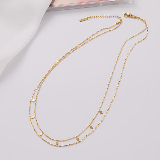 Fashion Trend Simple Double Snake Bone Titanium Steel Necklace Rhombus Geometric Clavicle Chain Cross-Mirror Jewelry