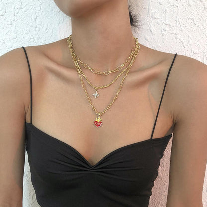 N8772 multi-layered necklace women's eight-pointed star drop oil love element necklace temperament geometric clavicle chain
