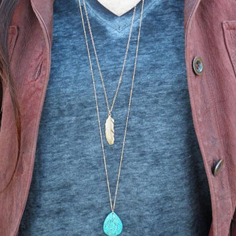 Necklace Lasso Turquoise Bead Big Leaf All-Match Ladies Multilayer Necklace