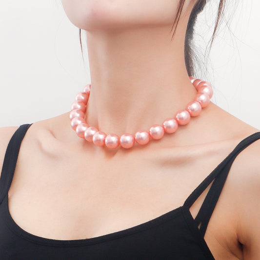 Jewelry Personality Fashion Exaggerated Beaded Necklace Bracelet Simple Single Layer Pink Imitation Pearl Necklace