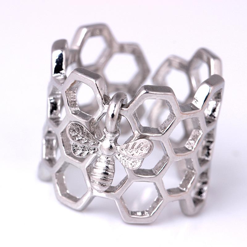 Fashion creative honeycomb bee hollow ring personality geometric hexagonal ring ring hand jewelry