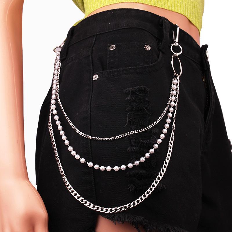 Hip Hop Punk Body with Fashion Pearl Waist Chain Personality Pop Multilayer Metal Jeans Chain