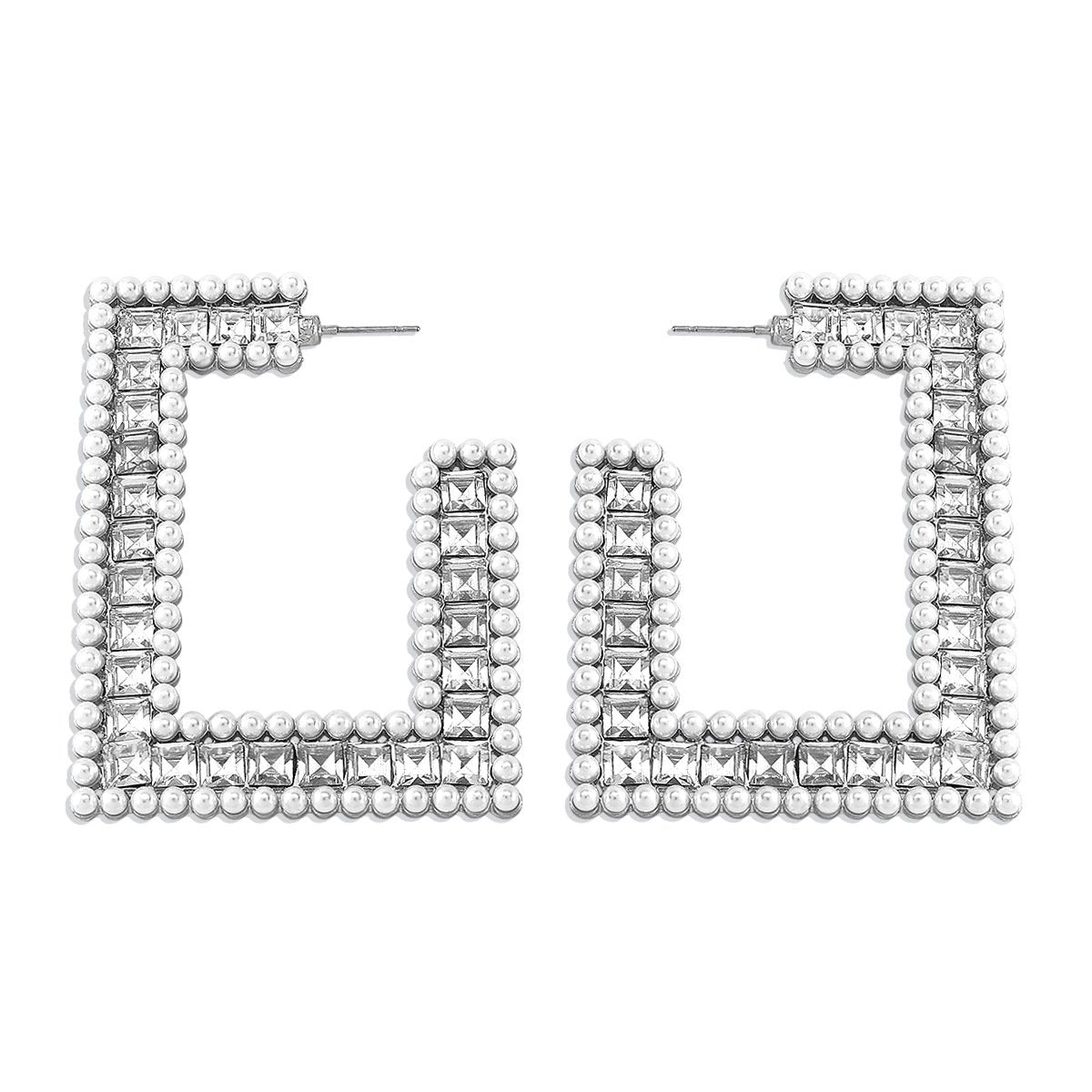 E1444 Exaggerated Design Earrings Imitation Pearl Rhinestone Square Personality Earrings Dinner Show Earrings