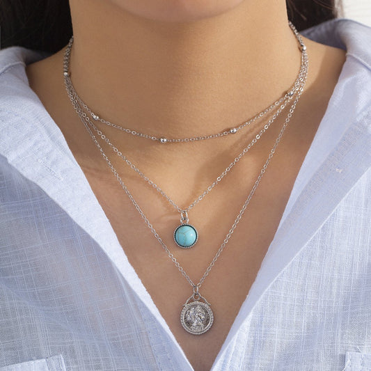 Jewelry Ethnic Thin Chain Metal Necklace Retro Portrait Embossed Turquoise Set Necklace Female