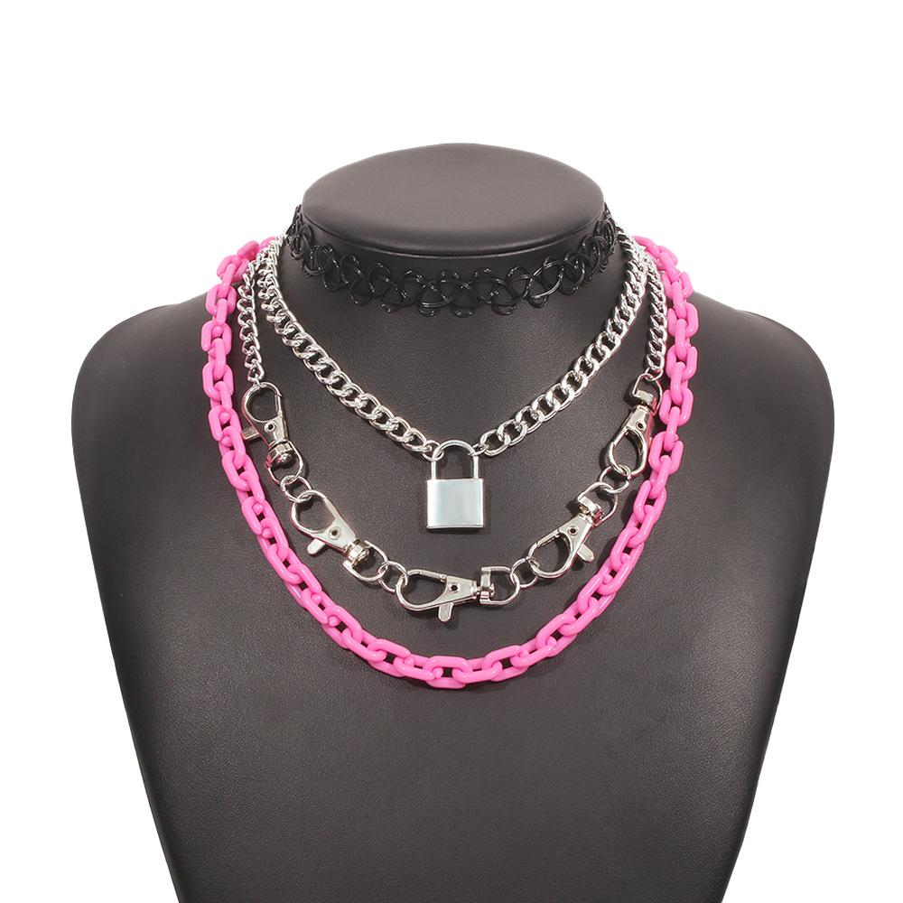 N9677 Trendy Cool Personality Exaggerated Necklace Fashion Lace Lobster Buckle Necklace Resin Geometric Multilayer Necklace