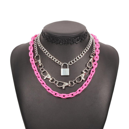 N9677 Trendy Cool Personality Exaggerated Necklace Fashion Lace Lobster Buckle Necklace Resin Geometric Multilayer Necklace