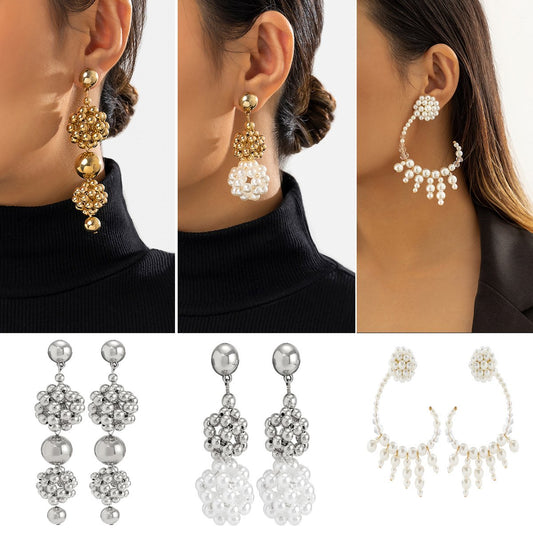 Jewelry Temperament Retro Xiaoxiang Imitation Pearl Earrings Niche Design Beaded Metal Earrings