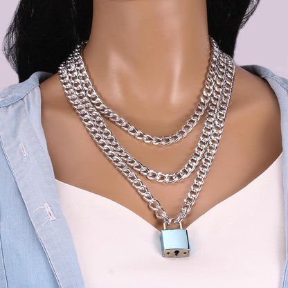 Ins cold fashion popular geometric multi-layer necklace trend padlock pendant clavicle chain female