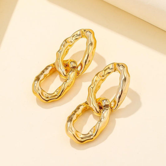 Autumn and winter fashion CCB exaggerated double-ring earrings 18K gold metal texture hip-hop chain earrings