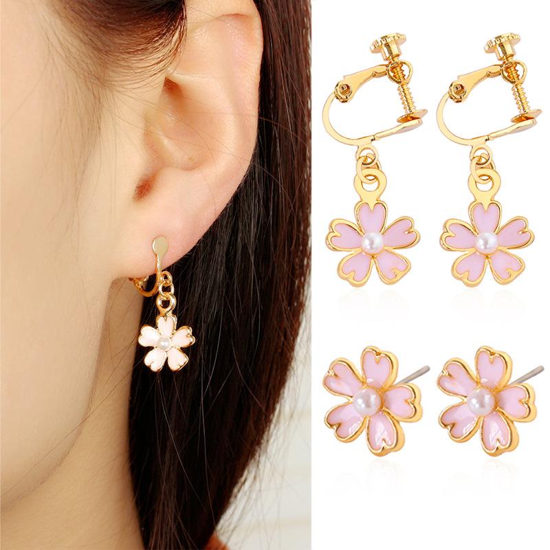 Small fresh dripping oil pink flower pearl earrings five-leaf flower earrings earrings ear clips