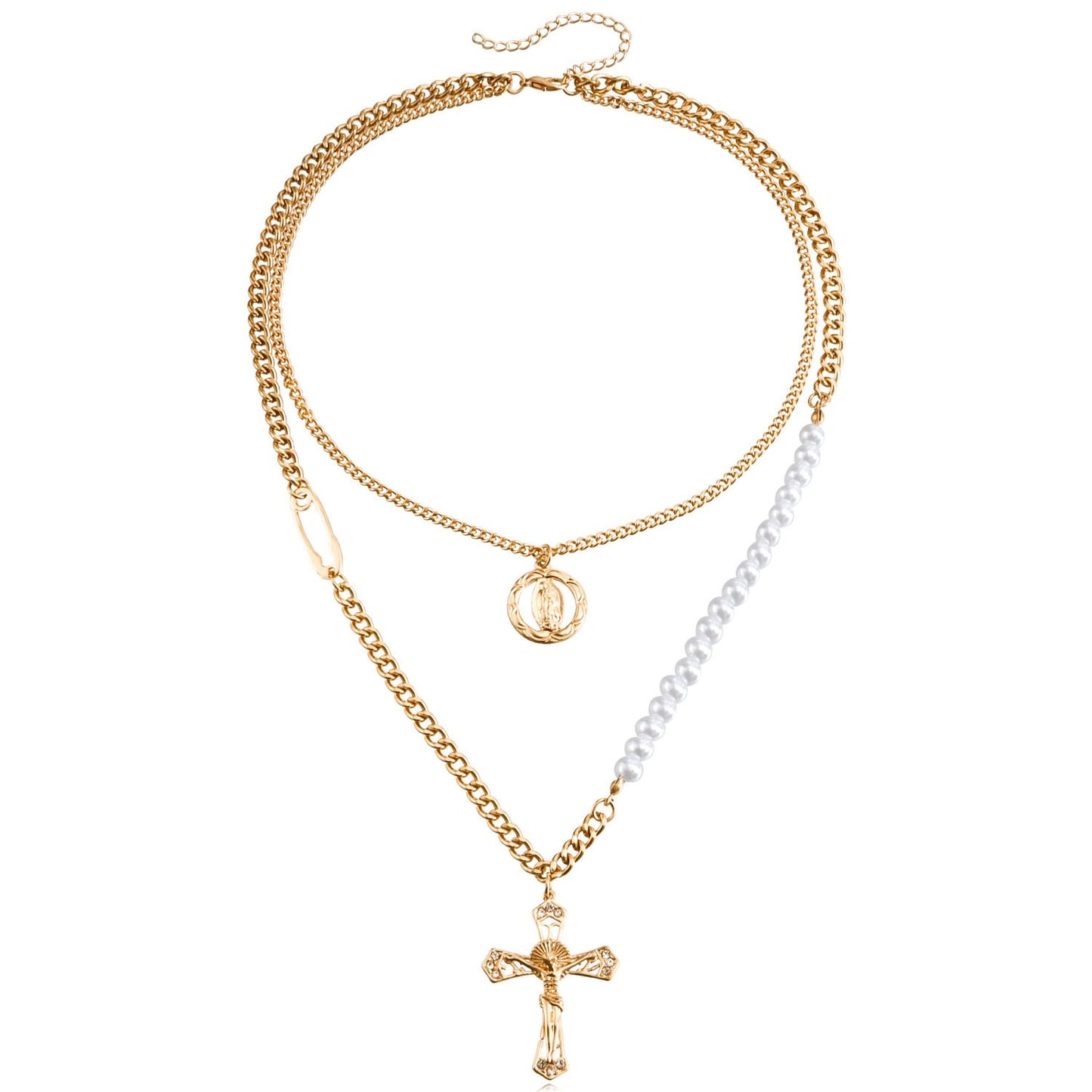 Explosive Necklace Fashion Personality Design Double Stacked Clavicle Chain Pearl Stitching Cross Sweater Chain
