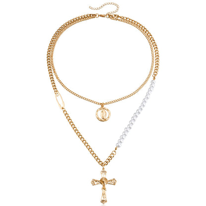 Explosive Necklace Fashion Personality Design Double Stacked Clavicle Chain Pearl Stitching Cross Sweater Chain