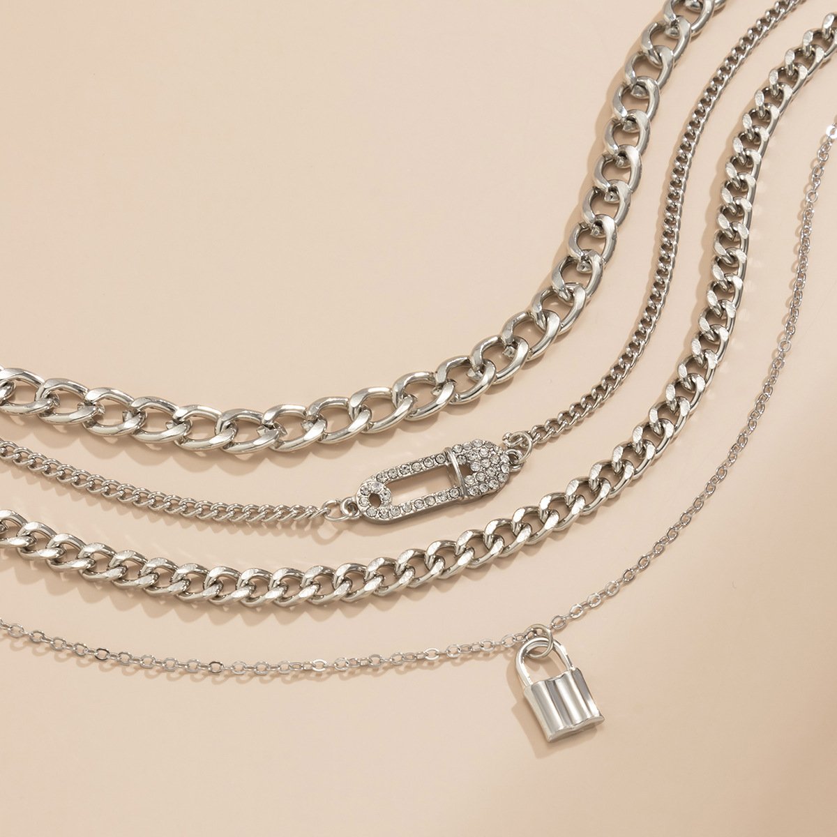 Jewelry Hip Hop Trend Diamond Pin Lock Necklace Female Simple Metal Chain Clavicle Necklace