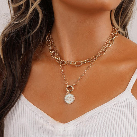 Double stacked round coin life tree lock necklace neck chain collarbone chain all-match fashion