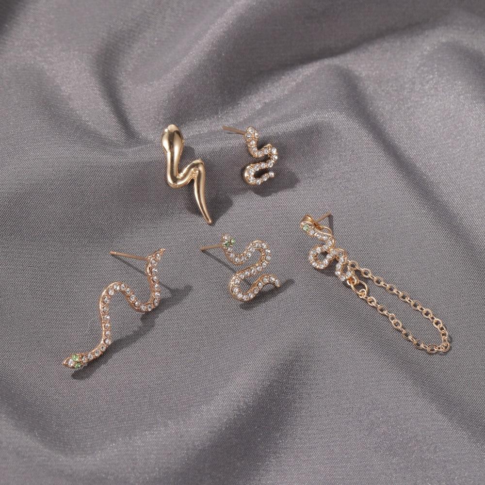 Set earrings personality five-piece set full of diamonds snake-shaped earrings punk street hipster earrings