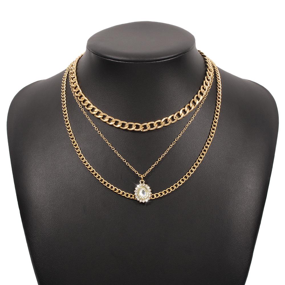 N9692 Multilayer Necklace Geometric Glass Diamond Thick Chain Necklace Fashion Temperament Alloy Necklace