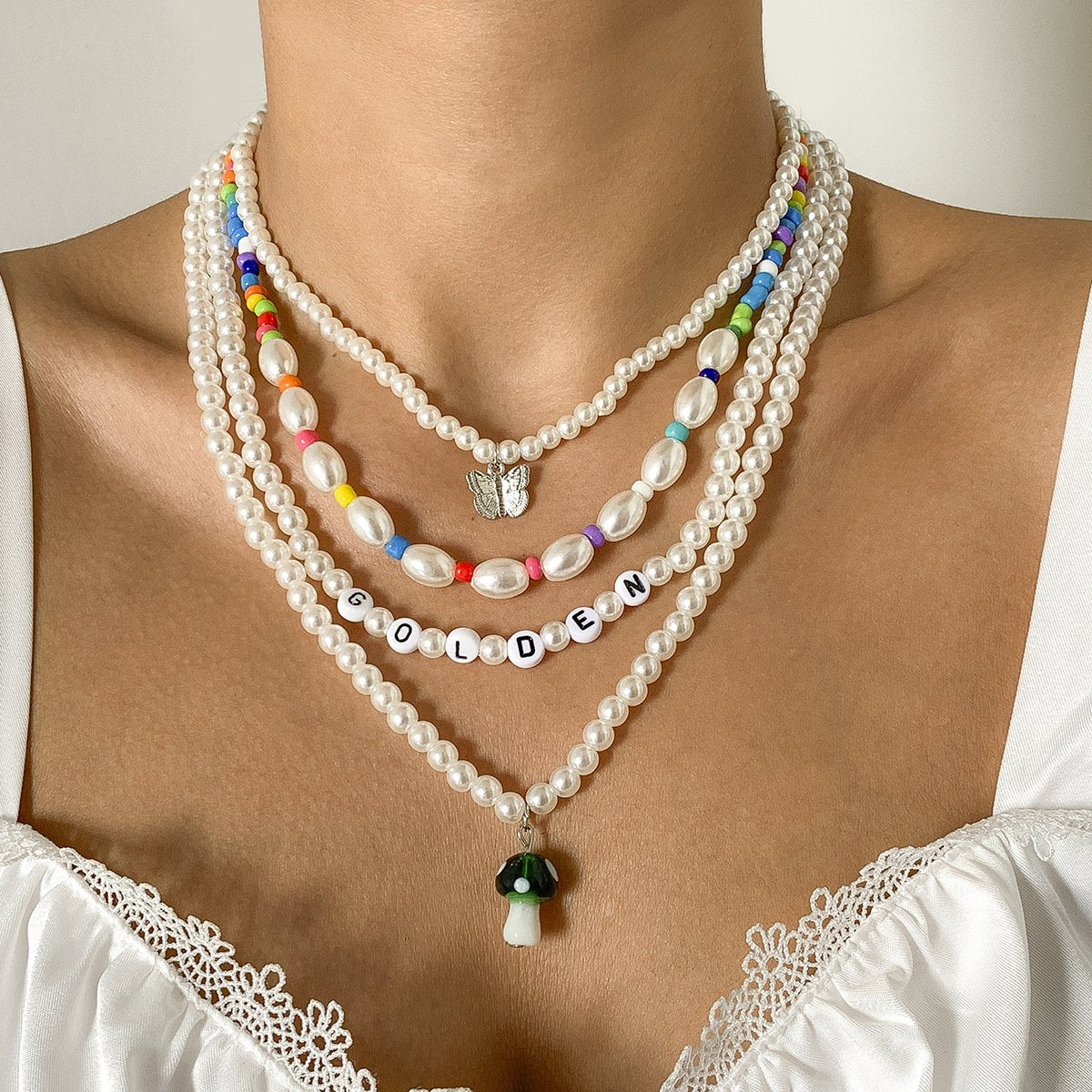 Jewelry creative mix and match multi-variety mushroom butterfly necklace set beaded imitation pearl letter necklace