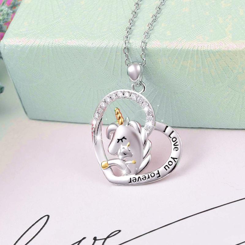 Love-shaped mother-child unicorn diamond lettering necklace female niche design pendant accessories