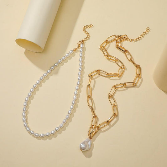 ins retro Baroque special-shaped pearl pendant simple metal double-layer pearl temperament choker necklace