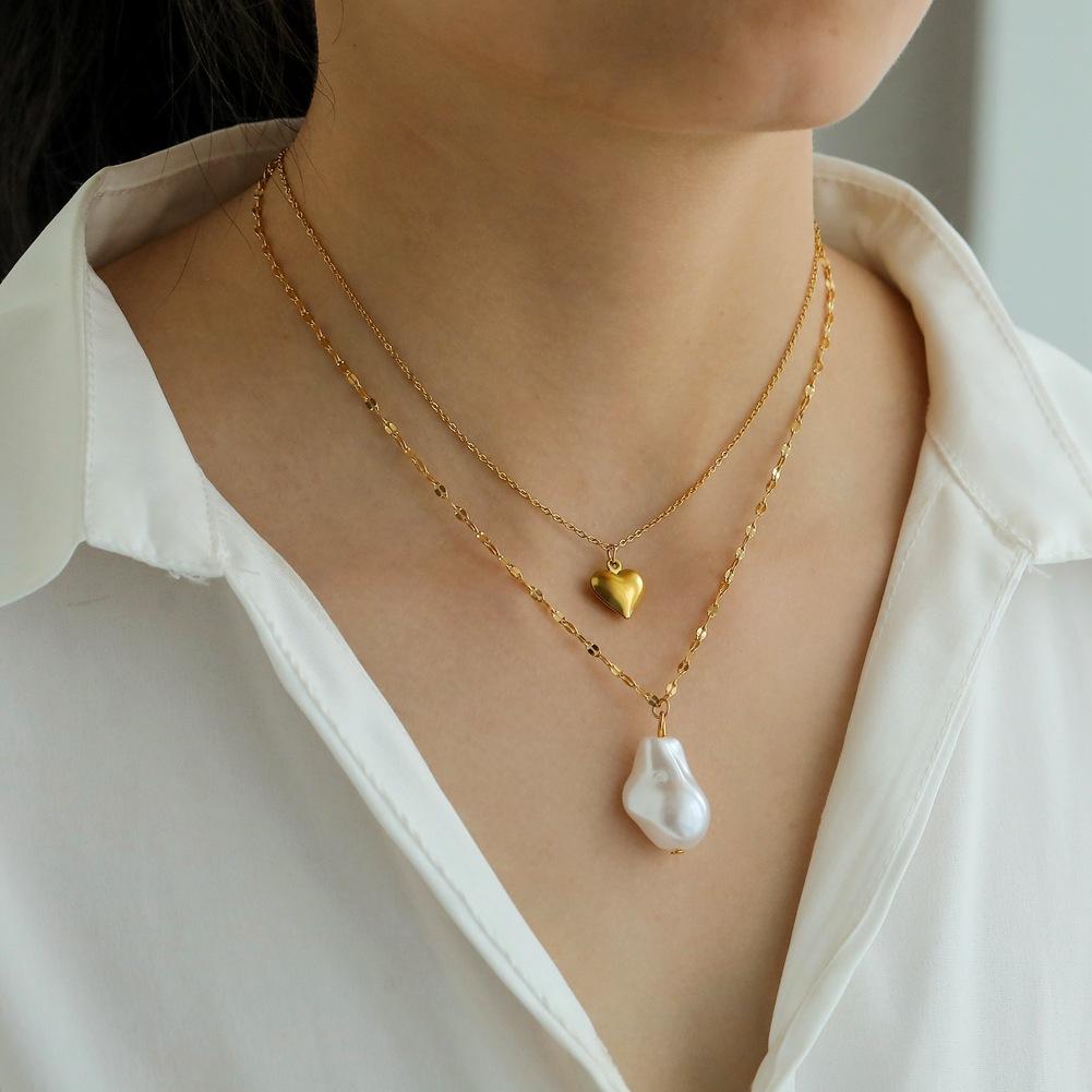 Ins popular baroque special-shaped pearl pendant fashion titanium steel real gold heart necklace double necklace