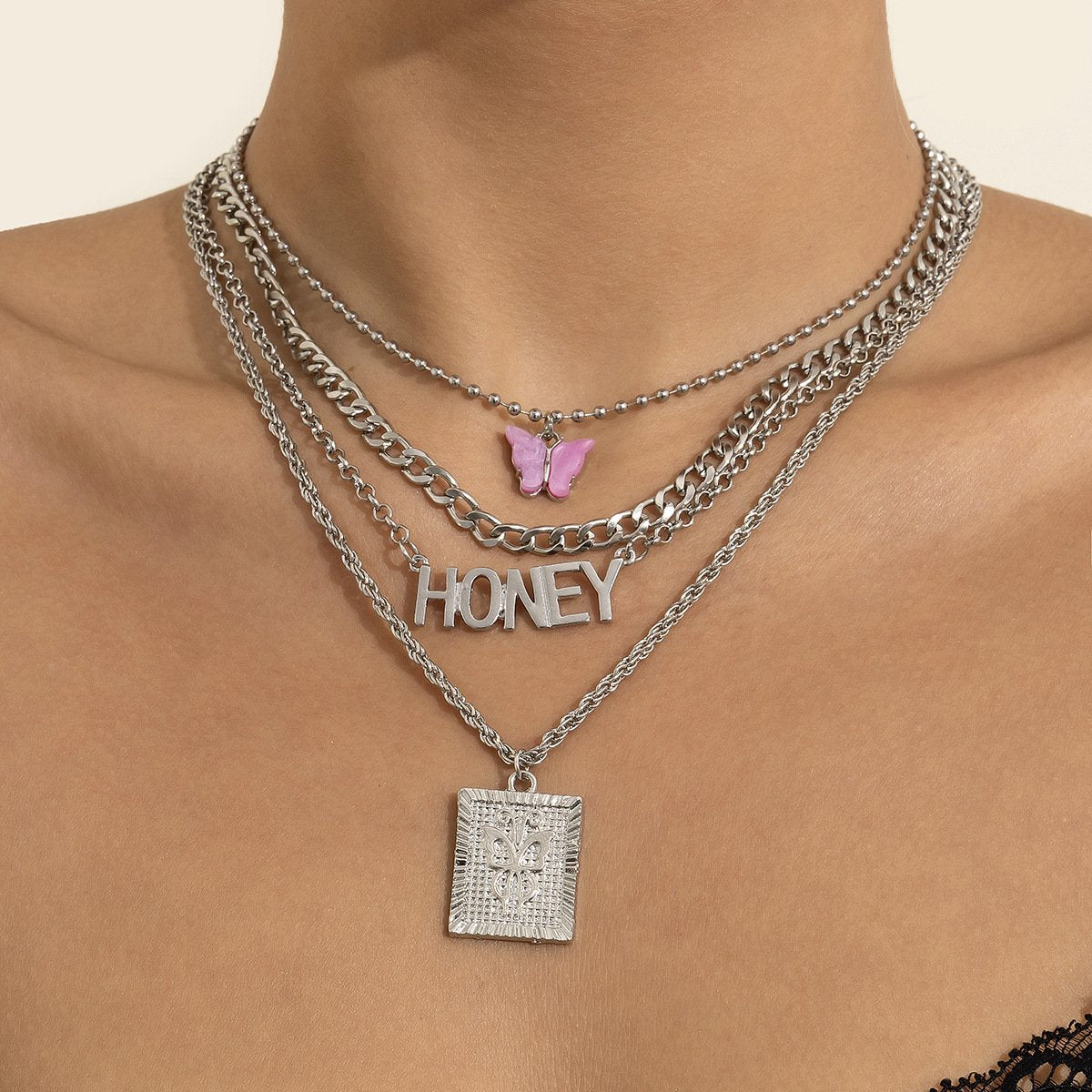 Jewelry Simple Letter Butterfly Pendant Necklace Female Hip Hop Personality Metal Tag Clavicle Necklace