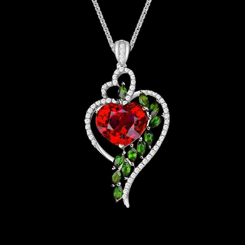 Fashion Ladies Ruby Heart Pendant Necklace Set Green Diamond Heart Necklace Jewelry