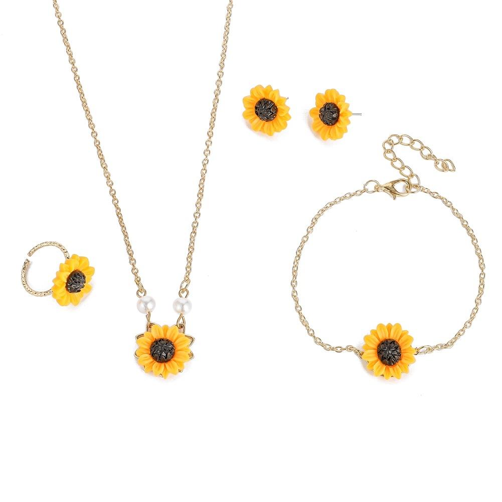 Necklace Earrings Four-piece Fashion Sunflower Pearl Pendant Set Cute Flower Clavicle Chain Female