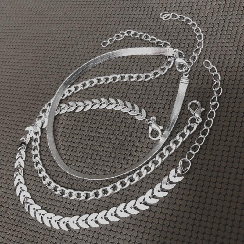 Titanium steel non-fading anklet set women's fashion anklet three-piece set flat snake wheat ear chain combination anklet