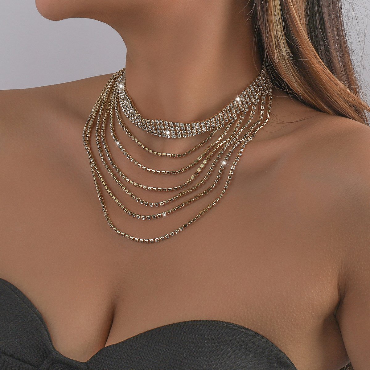 N153 Claw Chain Necklace Rhinestone Tassel Layered Necklace Exaggerated Night Row Diamond Light Luxury Necklace